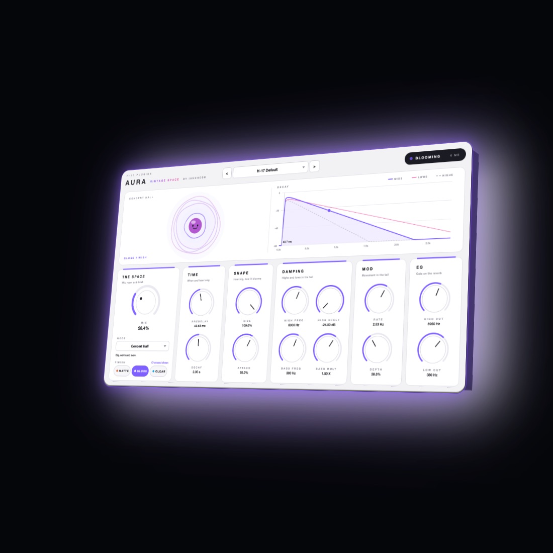 Aura plugin window: Aurita, a little glowing orb, sending out rings of aura on a white screen, a live decay graph on the right, and THE SPACE, TIME, SHAPE, DAMPING, MOD and EQ knobs below.