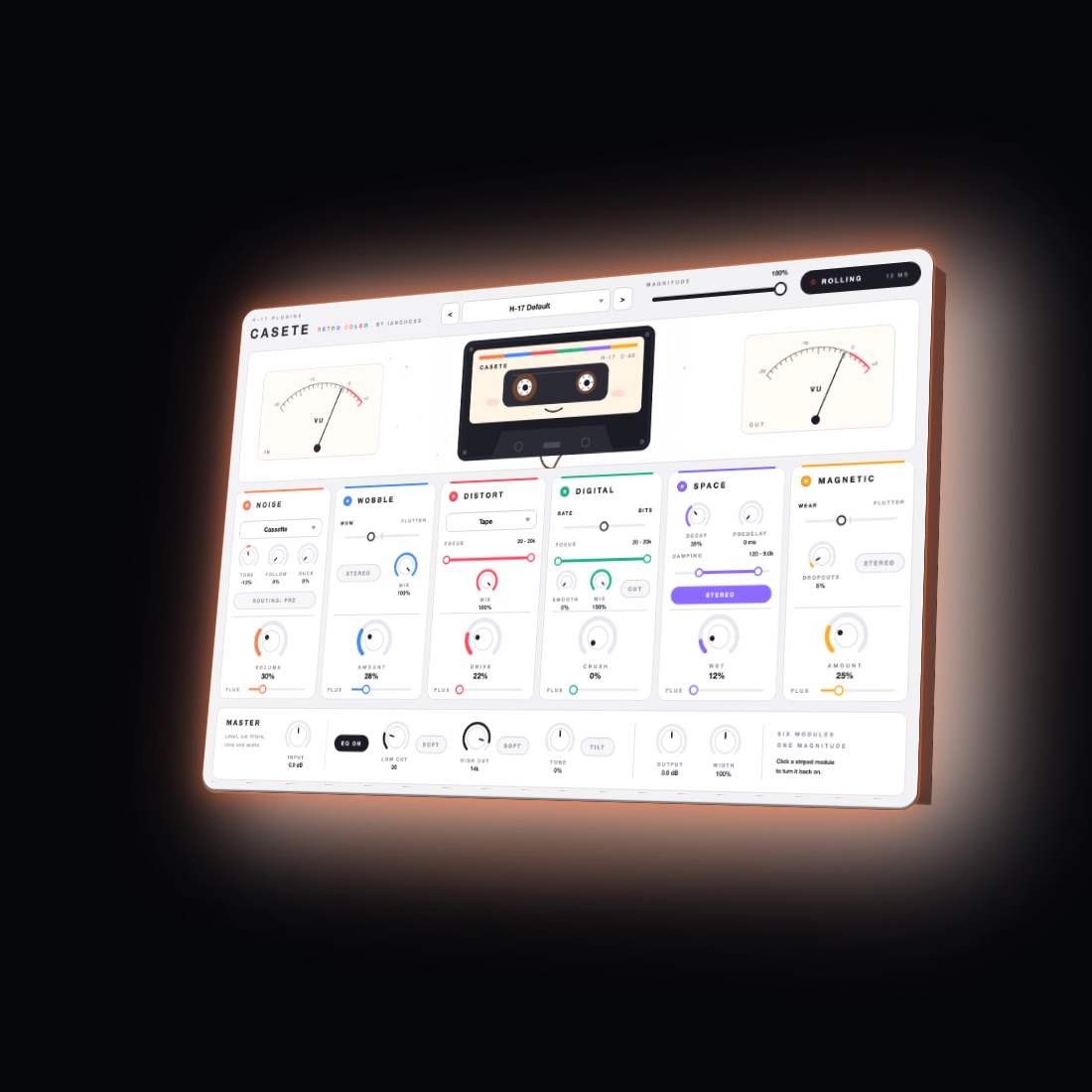 Casete plugin window: a smiling cassette tape between two VU meters, six coloured modules (Noise, Wobble, Distort, Digital, Space, Magnetic) and a master section.