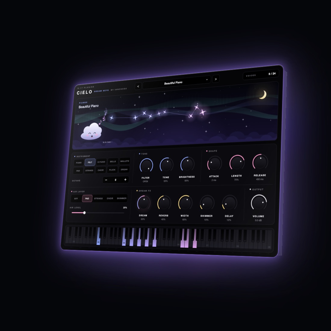 Cielo plugin window: a night sky with stars, an aurora and Nubi the singing cloud, an instrument grid, TONE, SHAPE and DREAM FX knobs and a glowing 88-key keyboard.