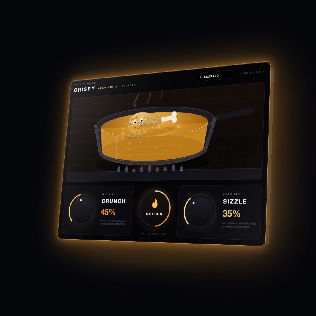 Crispy plugin window: a cartoon drumstick frying golden in a deep pan of bubbling oil over a gas flame, with the CRUNCH and SIZZLE knobs below.