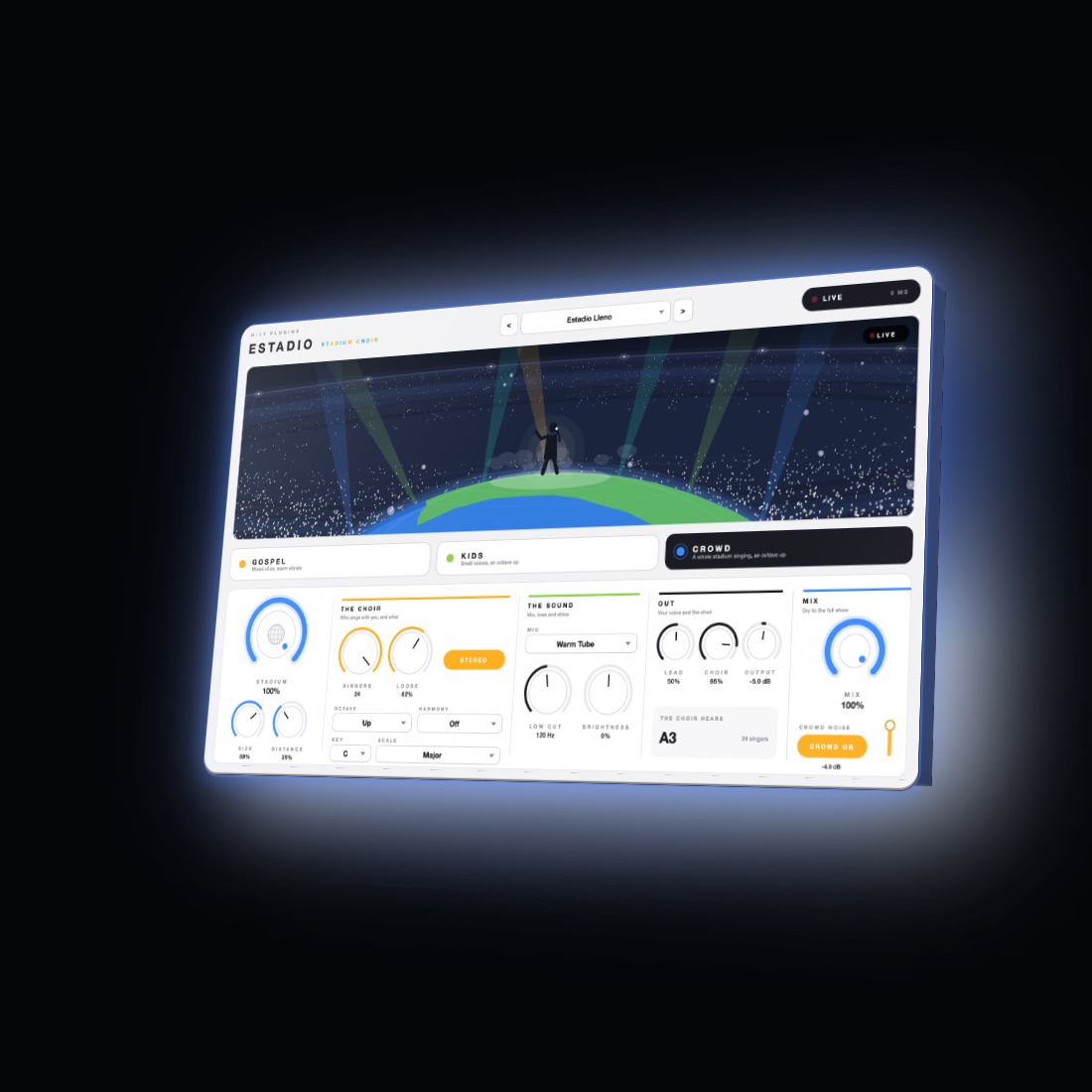Estadio plugin window: a singer with a mic standing on top of a glowing world under stadium lights, a crowd of phone lights all around, the GOSPEL, KIDS and CROWD choir cards, the STADIUM and MIX knobs, and the CROWD NOISE button lit.