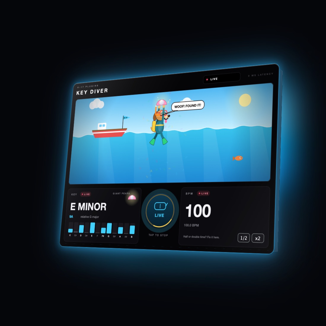 Key Diver plugin window: a cartoon dog diver above the waves, with A MINOR, 8A and relative C major in the key card, 128 BPM in the tempo card, both marked LIVE, and a SEND KEY TO AFINAO button at the top.