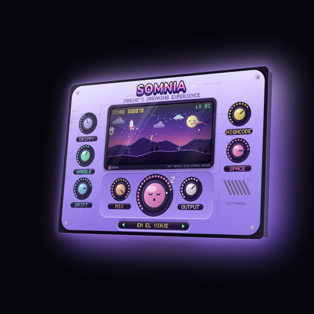 Somnia plugin window: DRIPPY, WARBLE and DRIFT knobs on the left, HIGHCODE and SPACE on the right, and a pixel-art game screen in the middle.