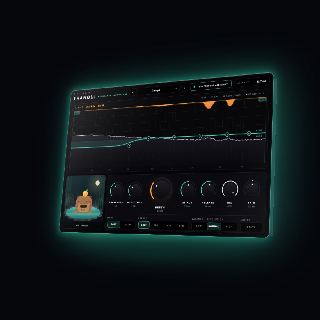 Tranqui plugin window: a spectrum display with orange reduction over two harsh spots, a teal sensitivity curve with six points, a capybara in a hot spring and the knobs.